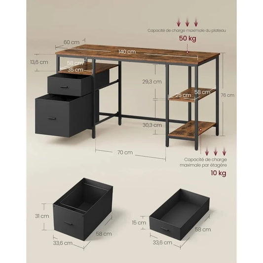 Bureau bois et noir 3 étagères, 2 tiroirs, 60 x 140 x 76 cm