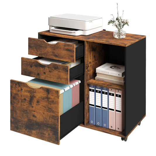 Caisson bureau à roulette en bois rustique