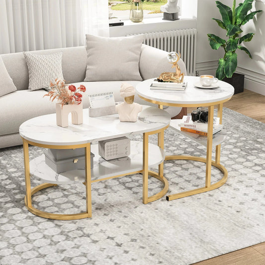 Table basse ronde en marbre blanc et fer doré