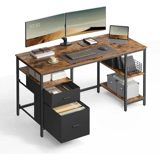 Bureau bois et noir 3 étagères, 2 tiroirs, 60 x 140 x 76 cm