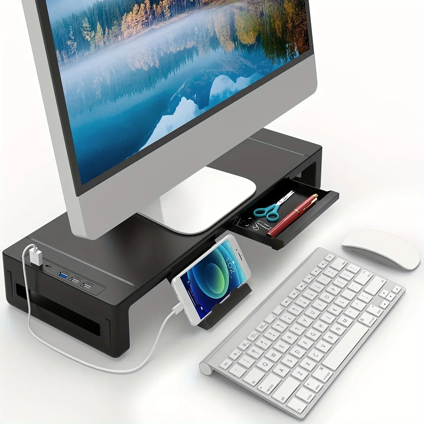 Rehausseur écran pliable avec tiroir et port USB