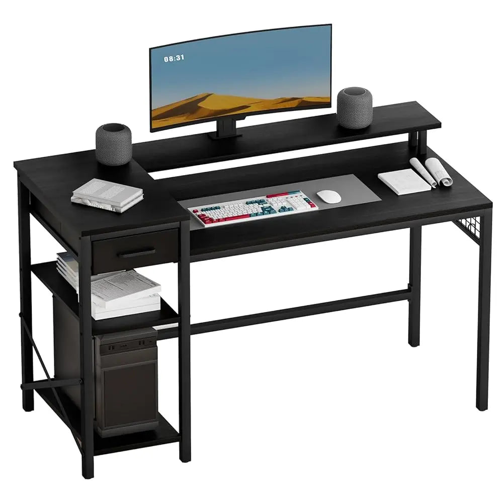 Bureau noir et bois avec étagère et rehausseur d'écran