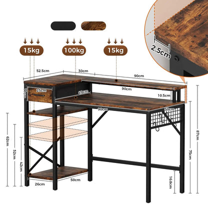 Bureau noir et bois avec étagère et rehausseur d'écran