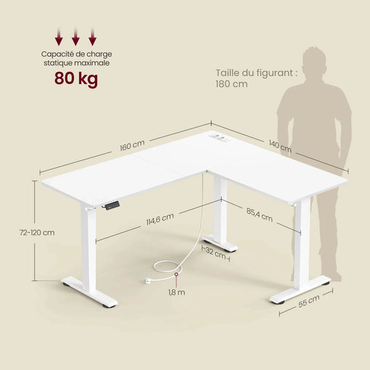Bureau d'angle assis debout avec prise intégrée 140 x 160 cm