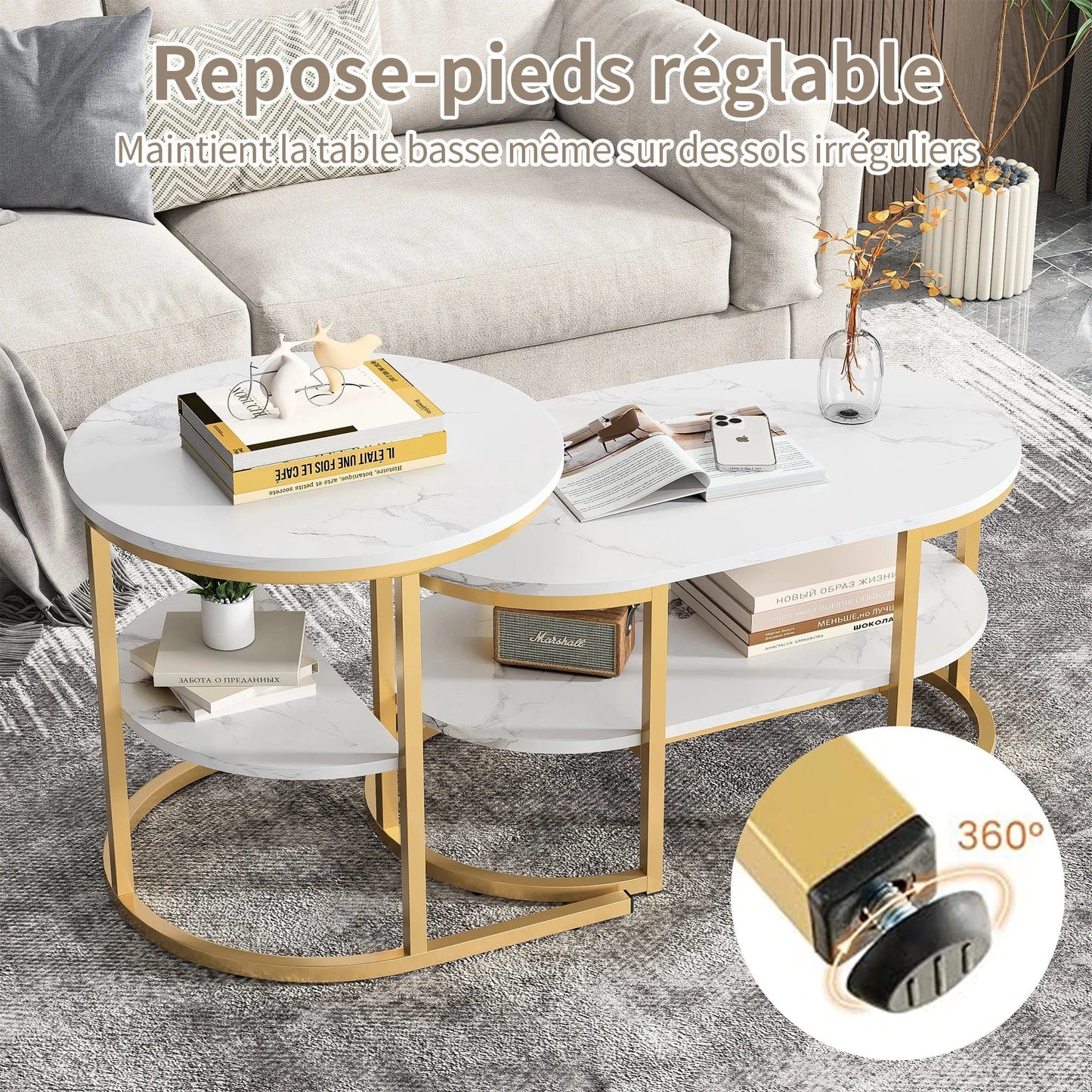 Table basse ronde en marbre blanc et fer doré