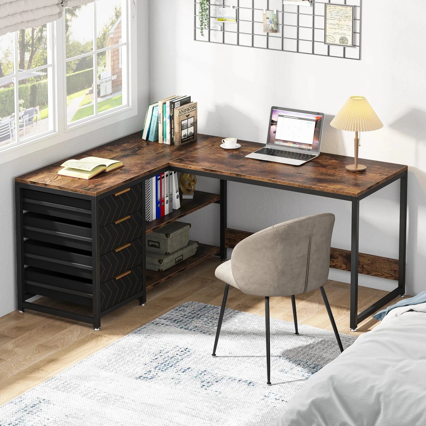 Bureau noir et bois avec rangement