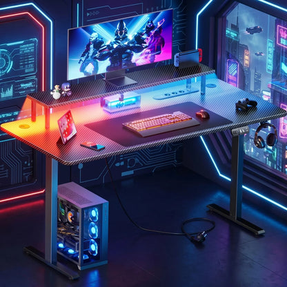 Bureau assis debout gaming avec rehausseur d'écran et éclairage