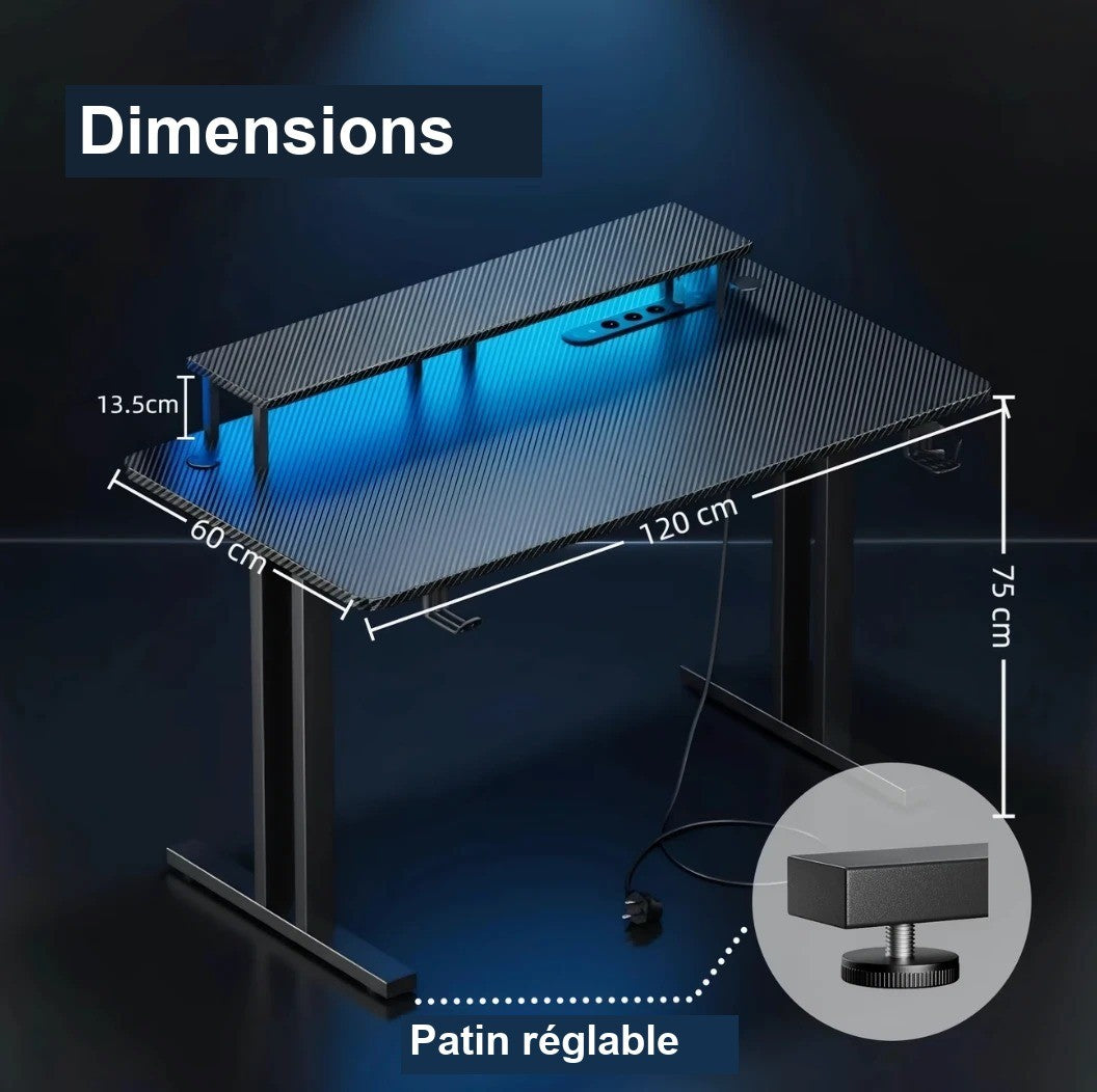 Dimensions du bureau gamer 120 x 60 x 75 centimètres