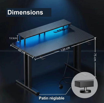Dimensions du bureau gamer 120 x 60 x 75 centimètres
