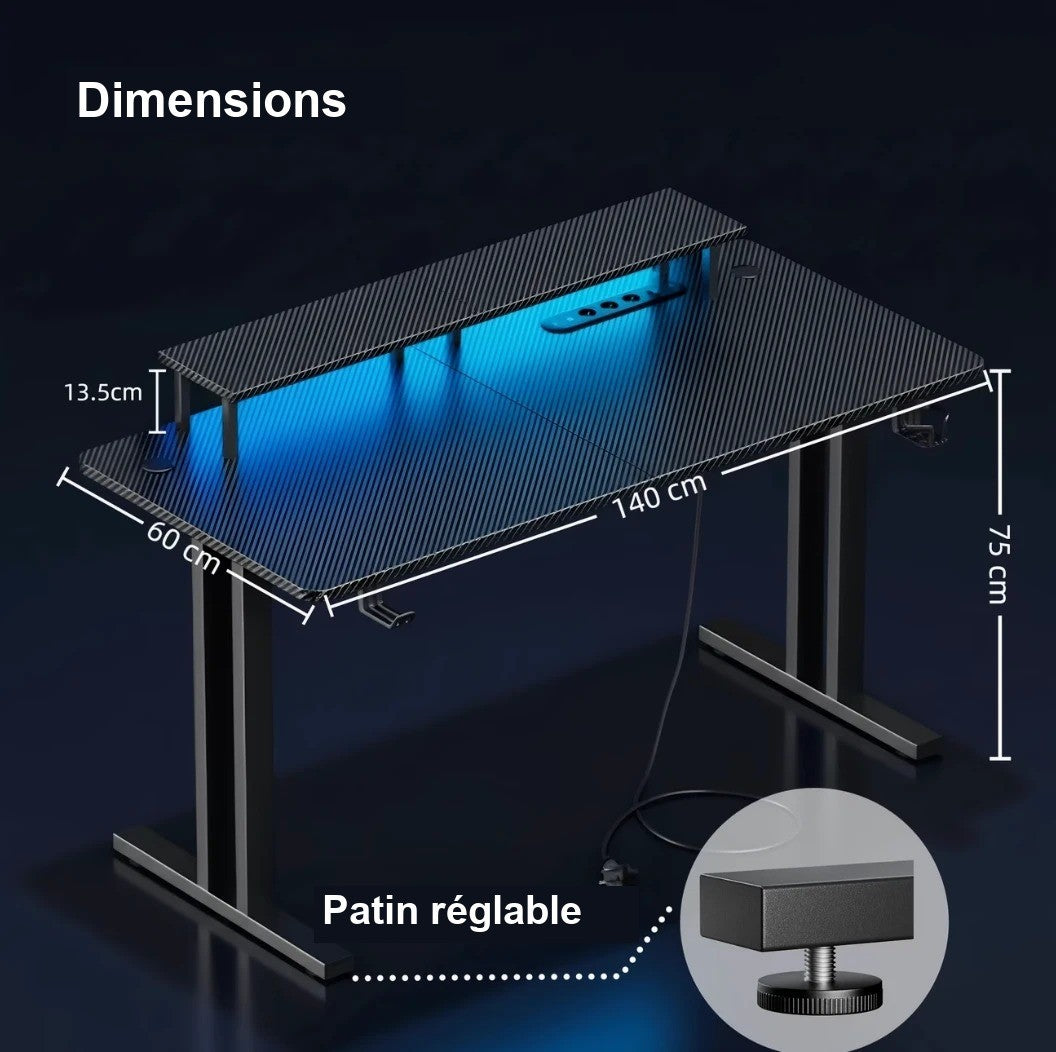 Dimensions du bureau gamer 140 x 60 x 75 centimètres