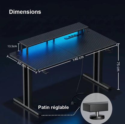 Dimensions du bureau gamer 140 x 60 x 75 centimètres