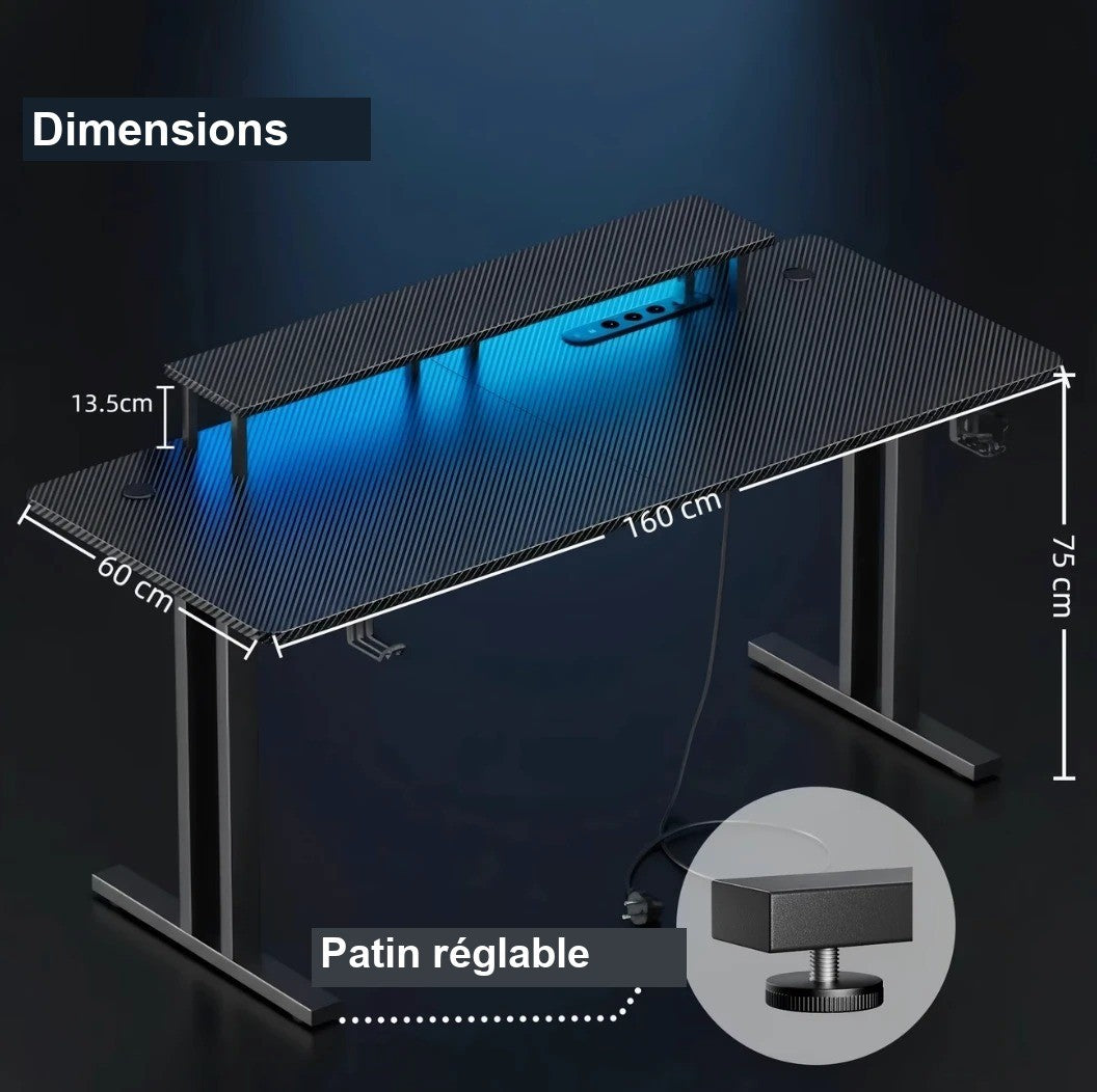 Dimensions du bureau gamer 160 x 60 x 75 centimètres