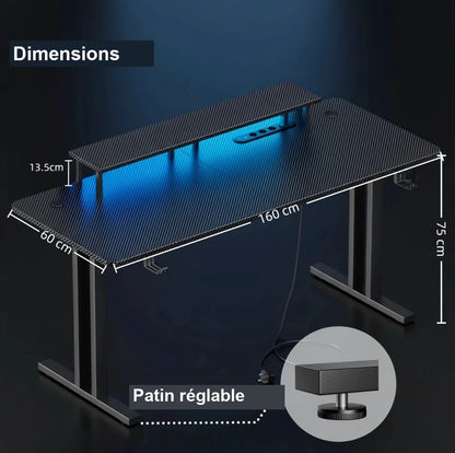 Dimensions du bureau gamer 160 x 60 x 75 centimètres