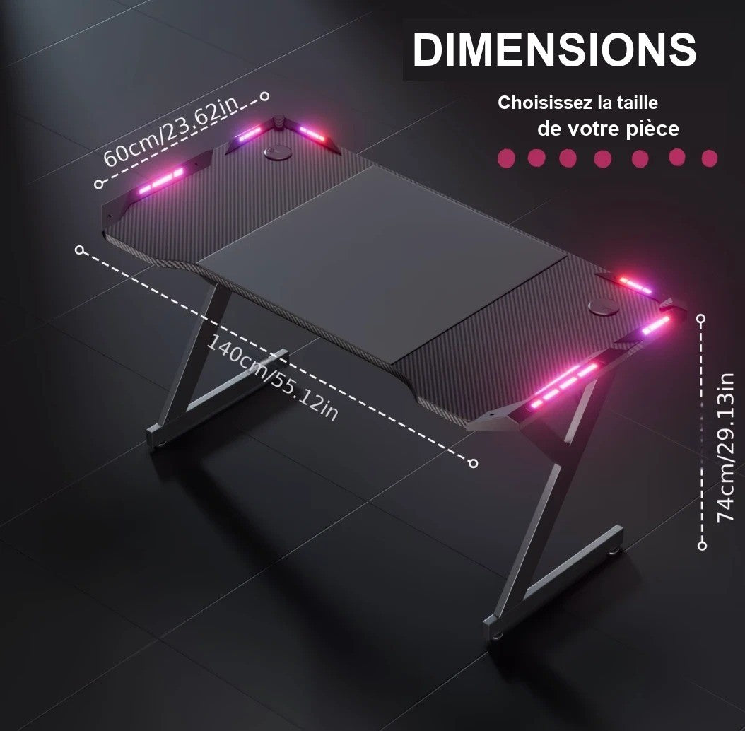 Dimensions du bureau gamer 140 x 60 x 74 centimètres