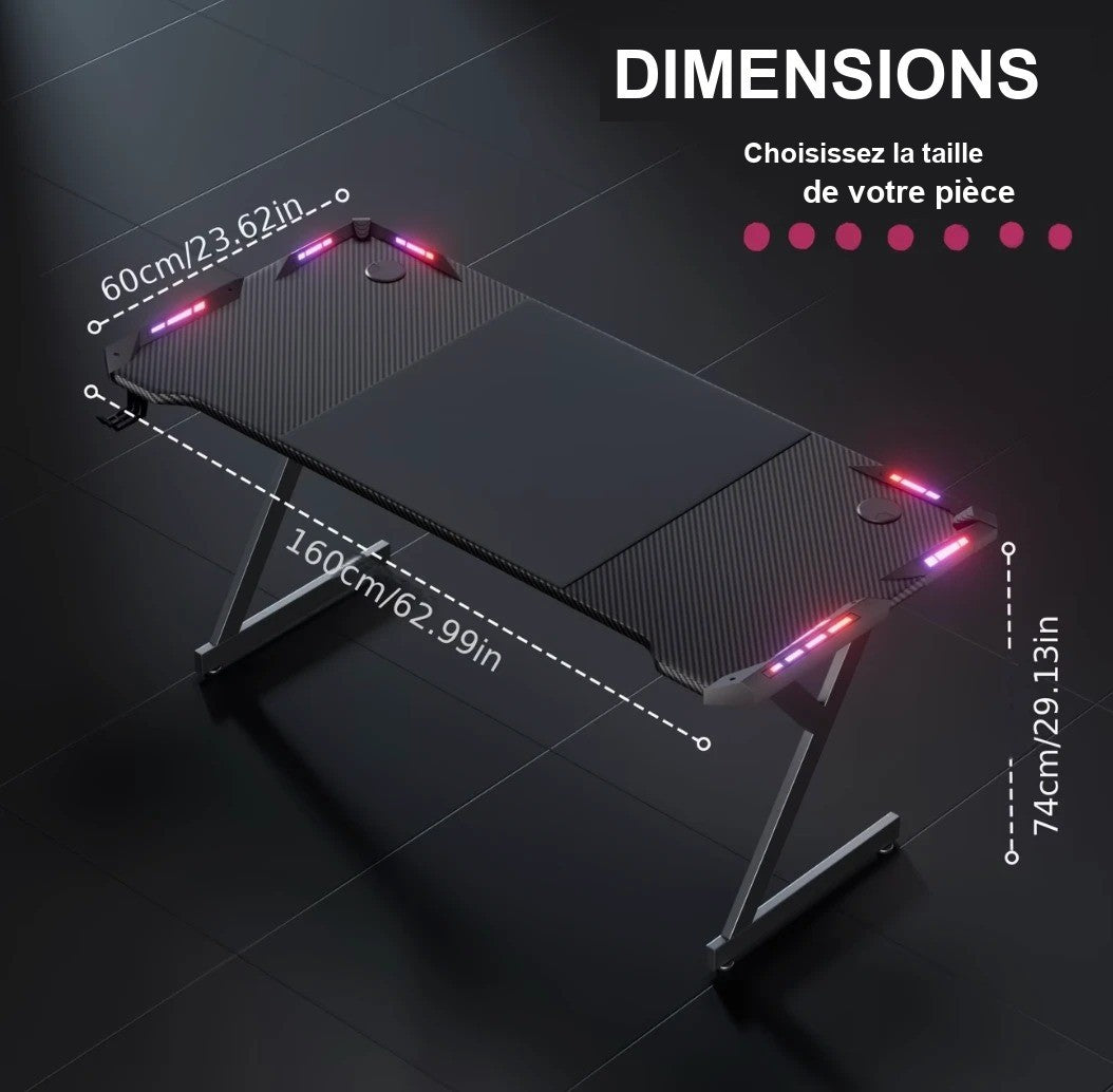 Dimensions du bureau gamer 160 x 60 x 74 centimètres