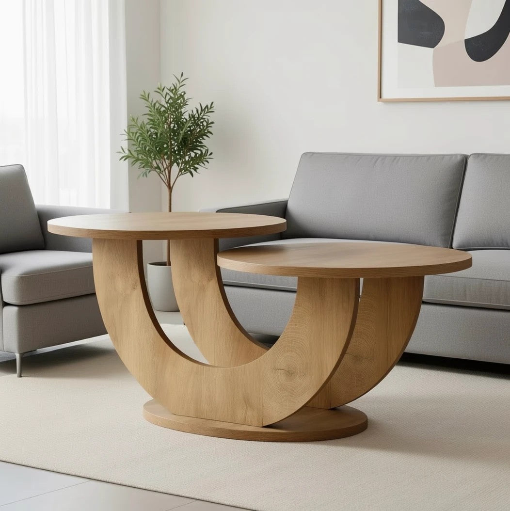 Table basse bois design à deux plateaux dans un salon