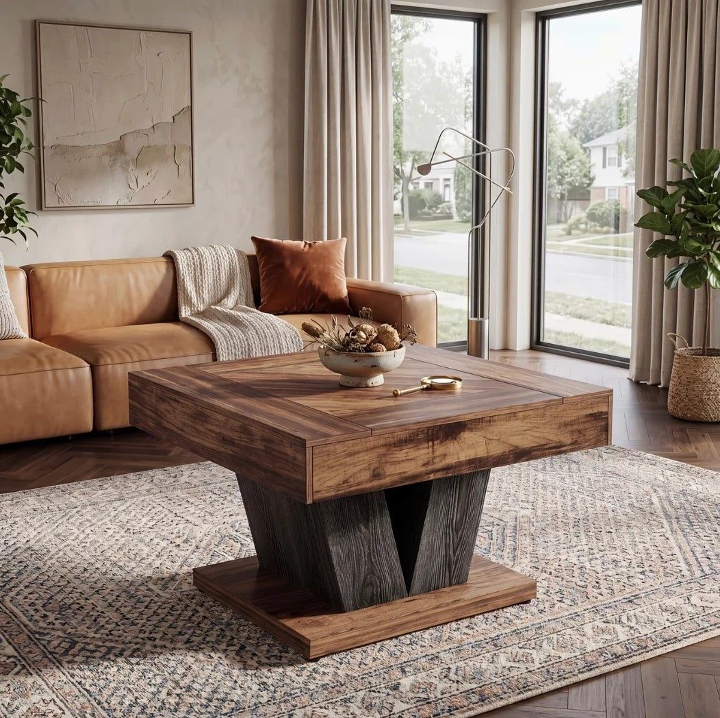 Table basse carrée design angulaire dans un salon