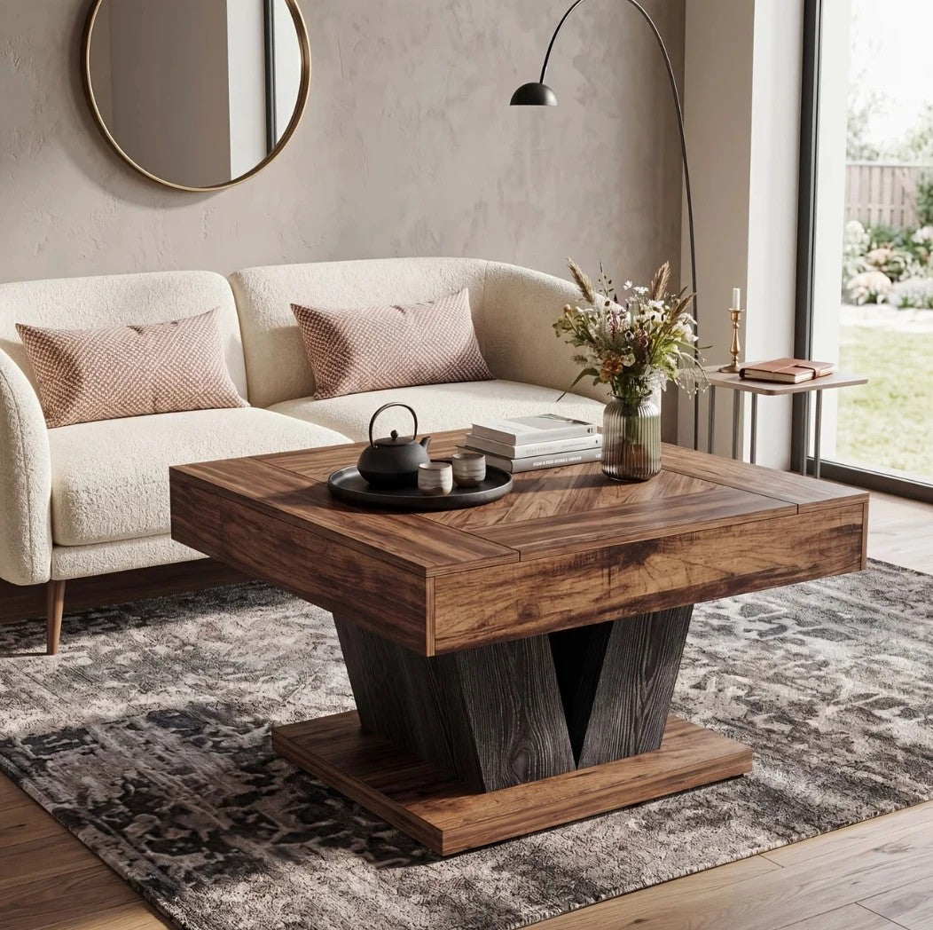 Table basse carrée design angulaire dans un séjour