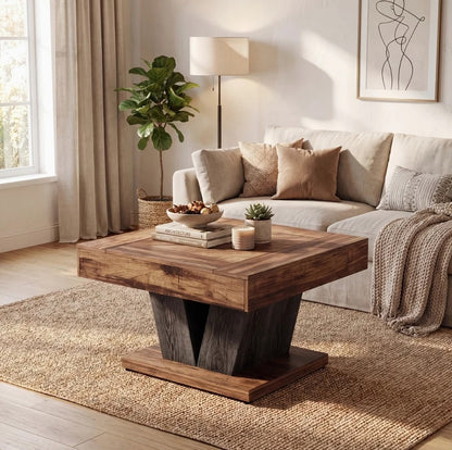 Table basse carrée design angulaire posée sur un tapis