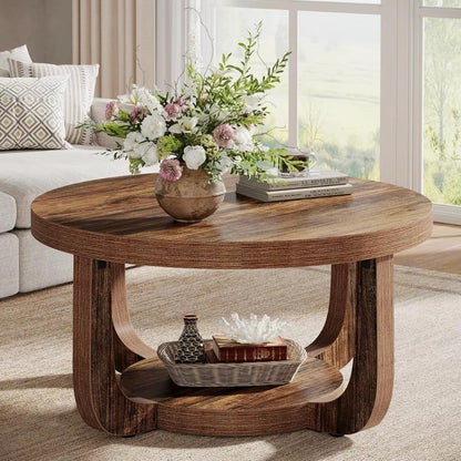 Table basse ronde en bois à deux niveaux dans un salon