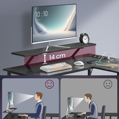 Bureau en L avec multiprise intégré, avec rehausseur d'écran, LED intégré, 2 tiroirs, 2 ports USB
