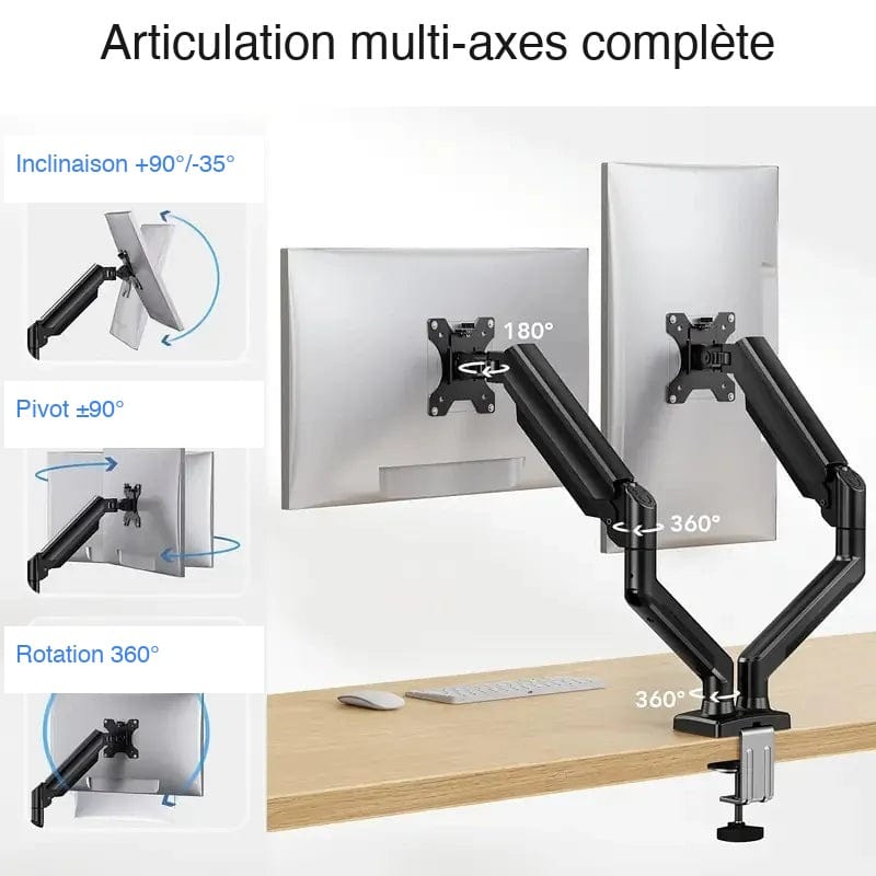 Bras double écran PC articulation multi-axes inclinaison pivot rotation 360