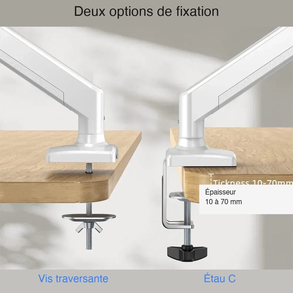 Bras écran PC deux options fixation vis traversante ou étau C bureau jusqu'à 70 mm