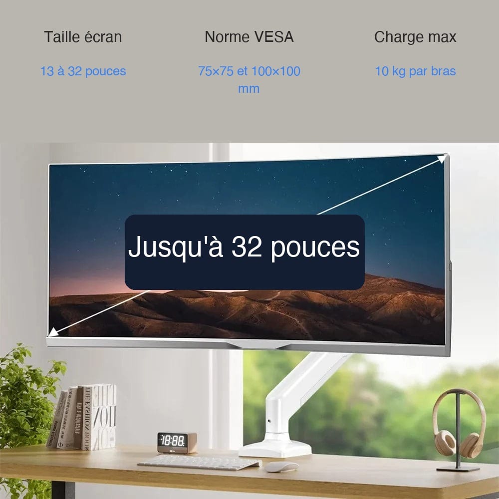 Compatibilité bras écran PC 13 à 32 pouces VESA 75 et 100 charge 10 kg par bras