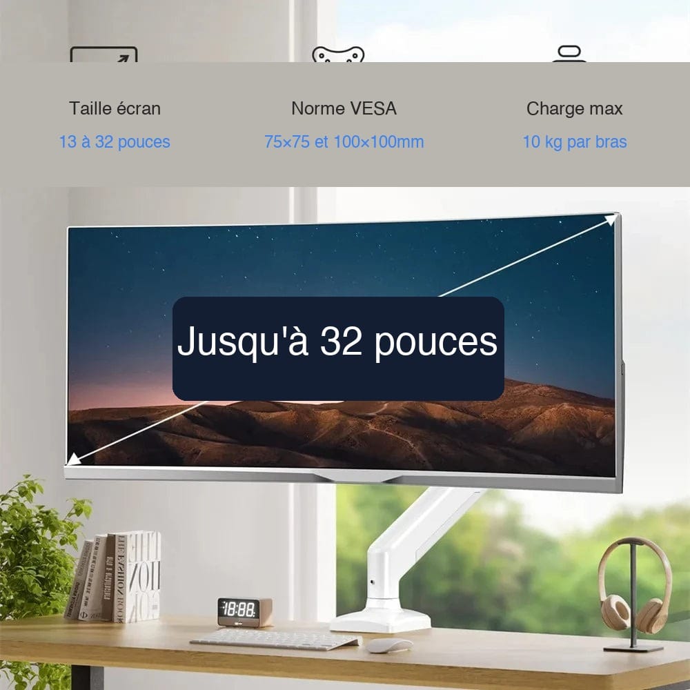Specs bras écran PC compatibilité 13 à 32 pouces norme VESA charge 10 kg
