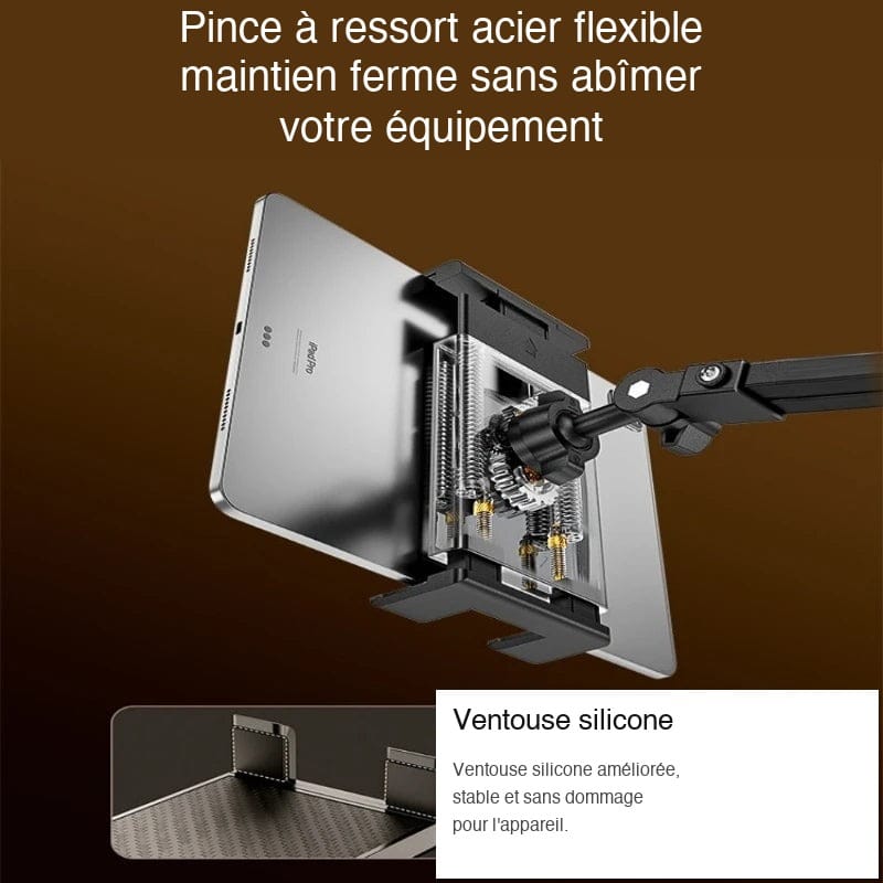 Pince à ressort acier flexible avec ventouse silicone compatible iPad tablette