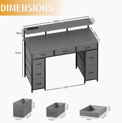 Dimensions du bureau 8 tiroirs : Longueur 120 cm, Hauteur 74 cm, Largeur 50 cm, et cotes des tiroirs