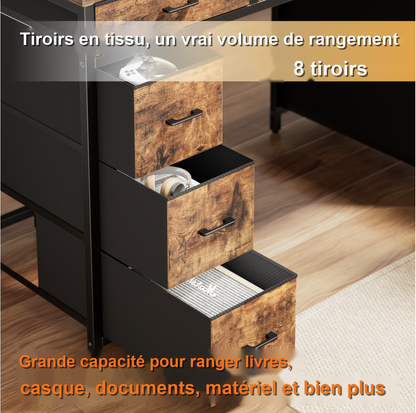 Huit tiroirs en tissu en trois formats pour ranger livres, casque, documents et matériel