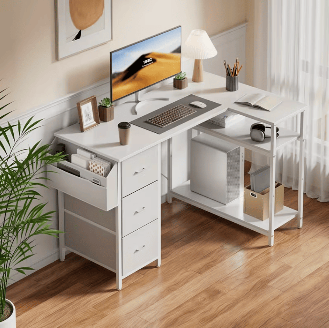 Bureau d'angle blanc avec étagère PC et 3 tiroirs design lumineux