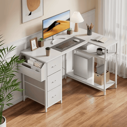 Bureau d'angle blanc avec étagère PC et 3 tiroirs design lumineux