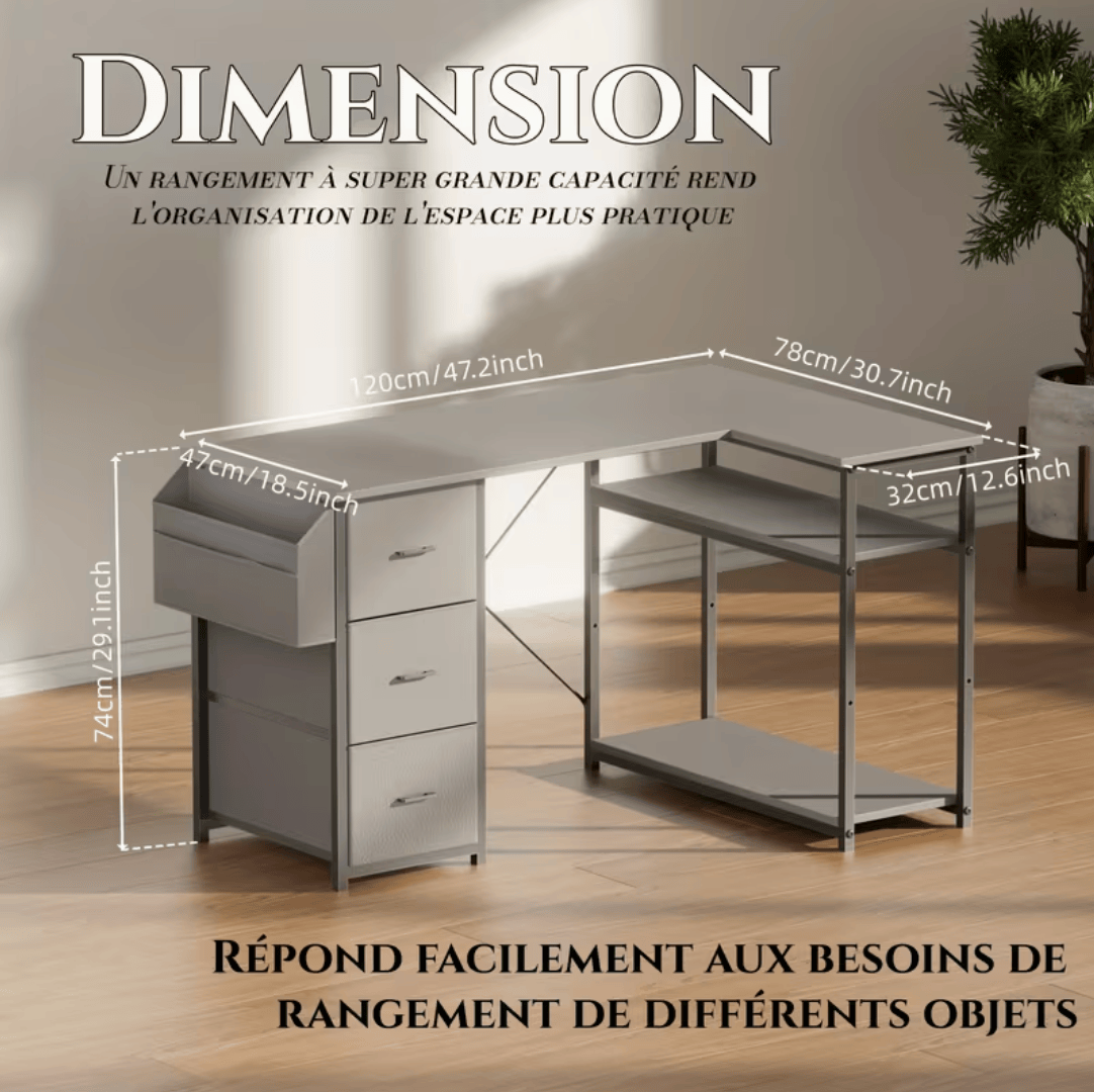 Schéma dimensions bureau d'angle 120 x 78 x 74 cm avec étagère et tiroirs