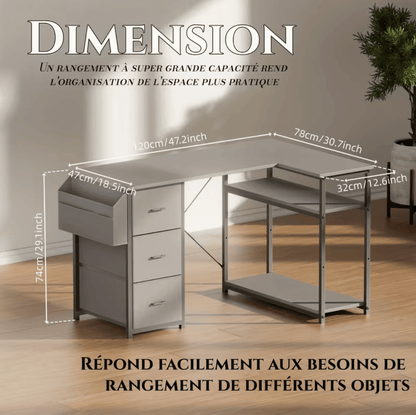 Schéma dimensions bureau d'angle 120 x 78 x 74 cm avec étagère et tiroirs