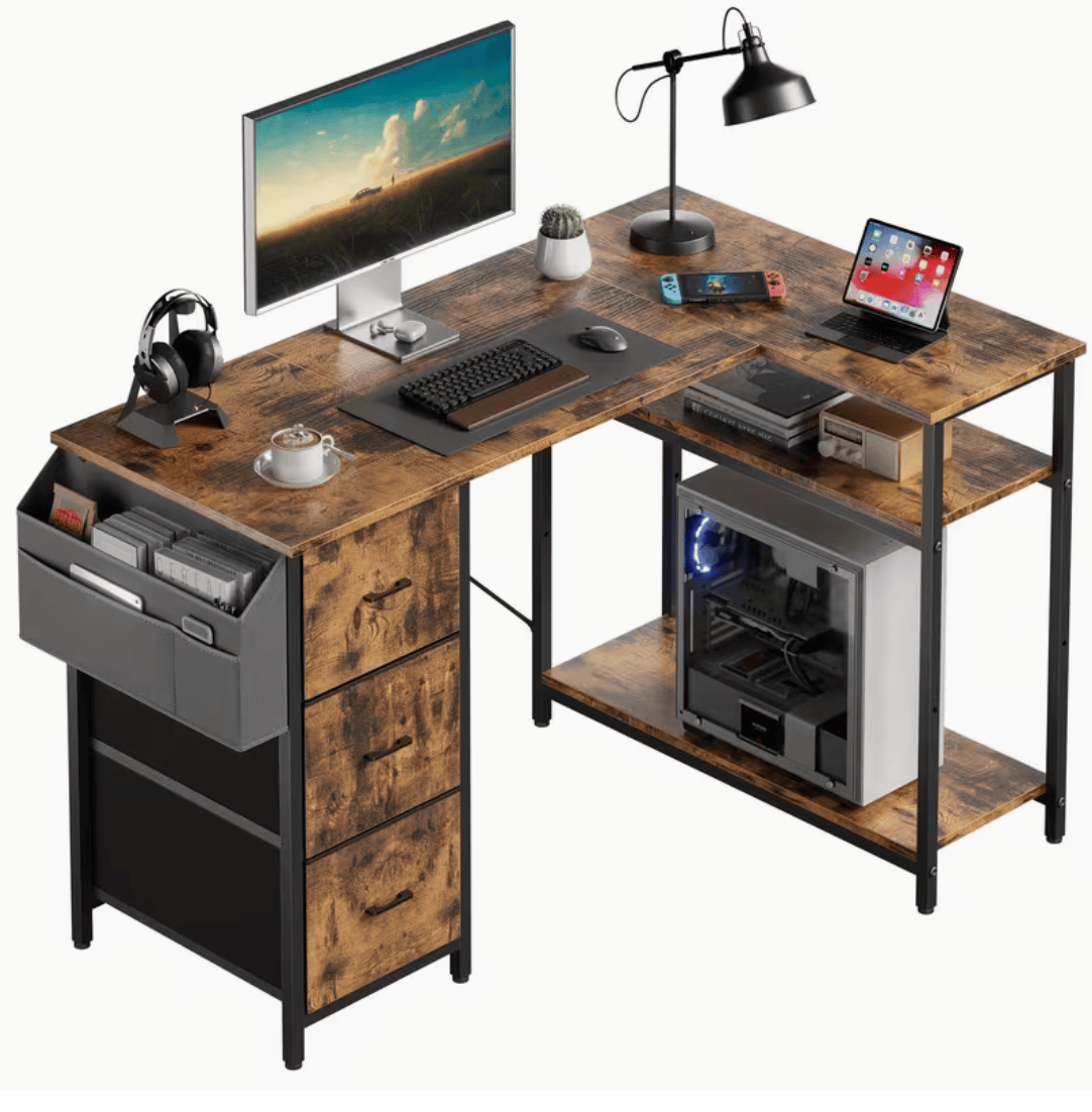 Bureau d'angle marron rustique avec étagère PC et 3 tiroirs