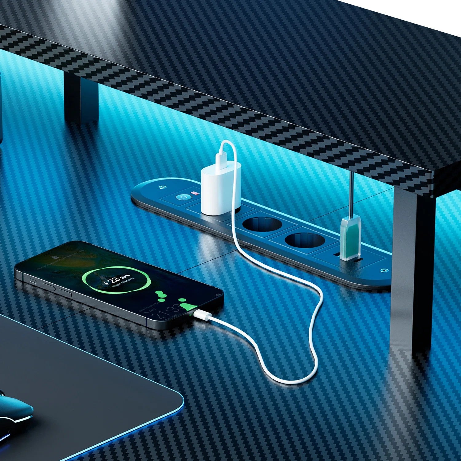 Prises et ports USB intégrés au plateau du bureau