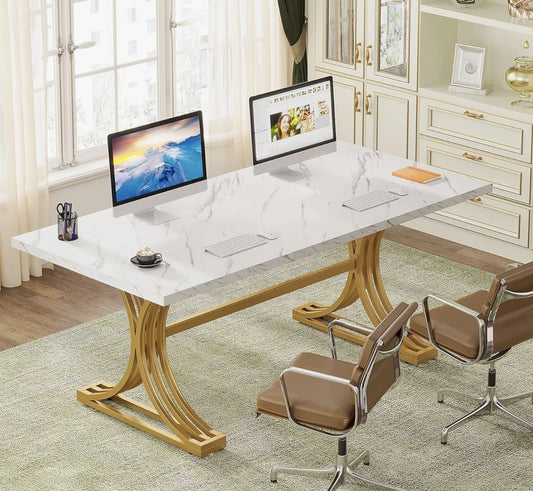 Bureau blanc et doré aspect marbre 160 cm avec deux écrans