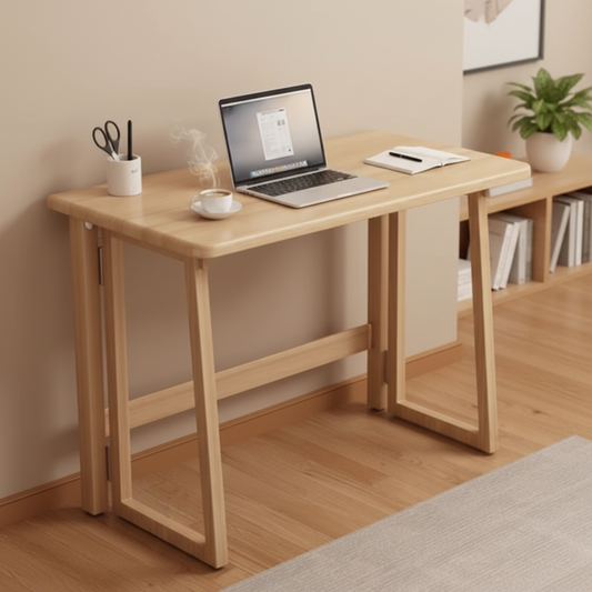 Bureau bois petit espace 100 cm finition bois bambou, plateau pliable sur pieds métal