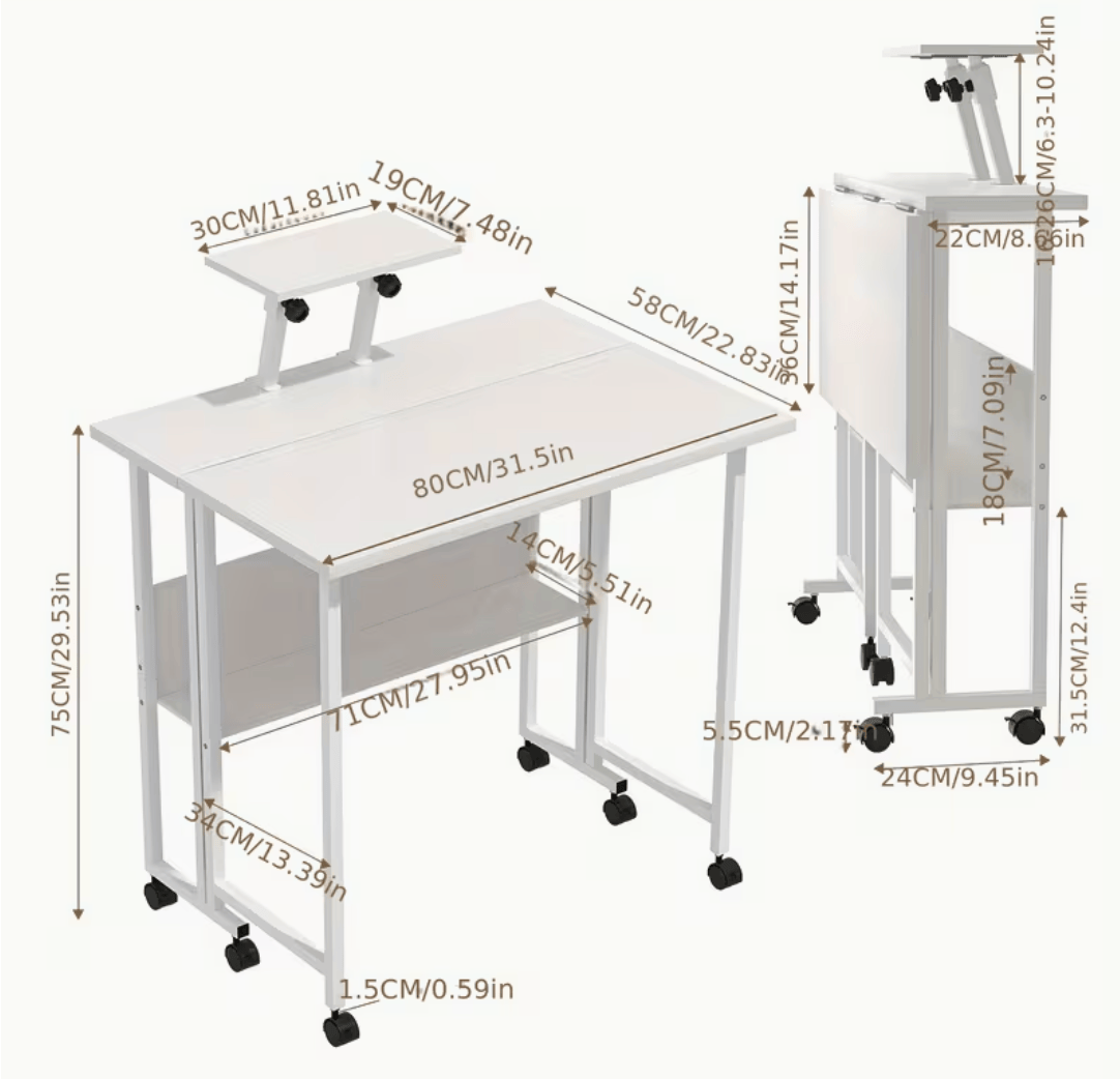 Schéma dimensions bureau petit espace pliable 80 x 58 x 75 cm