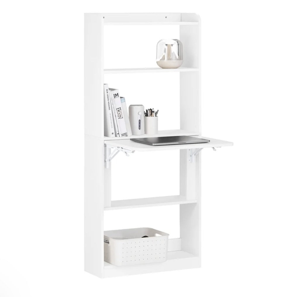 Bureau escamotable blanc avec étagères, plateau déplié