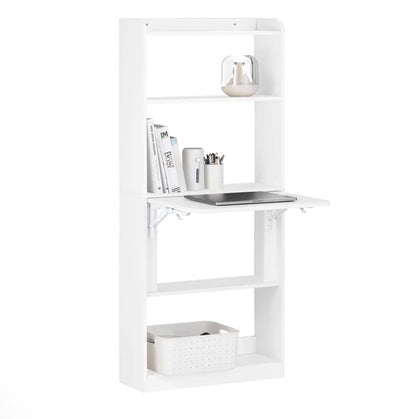 Bureau escamotable blanc avec étagères, plateau déplié