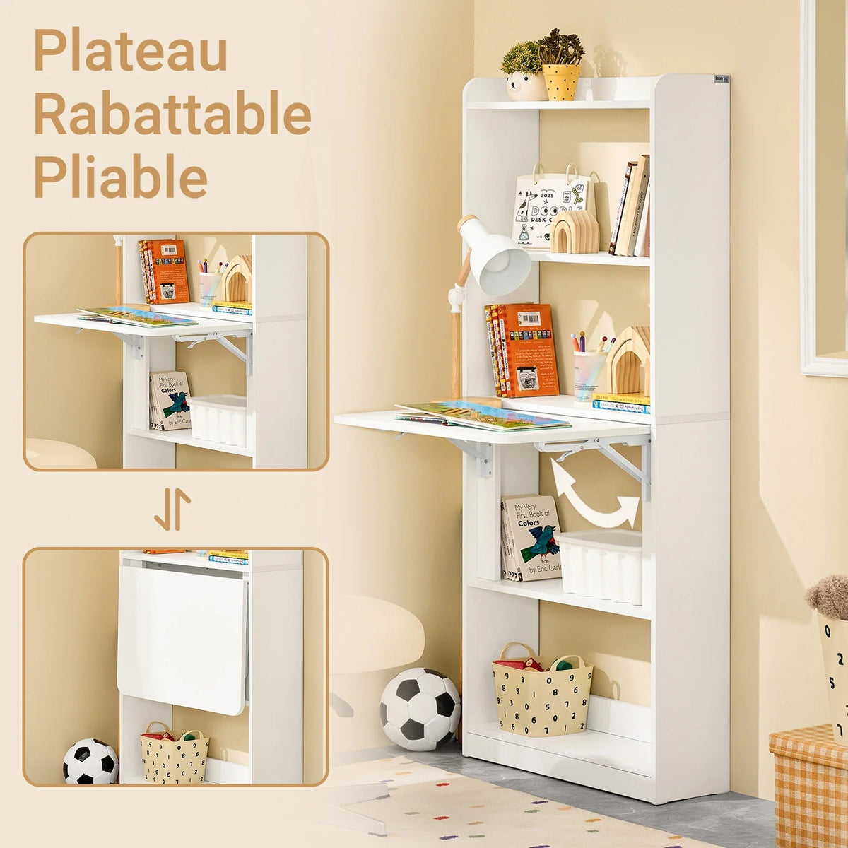 Plateau rabattable du bureau escamotable, déplié et replié
