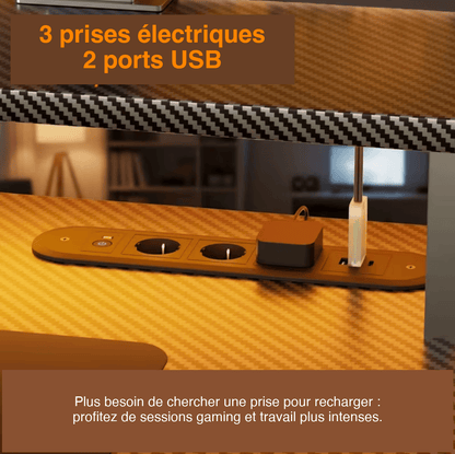 Bureau gamer avec 3 prises électriques et 2 ports USB intégrés