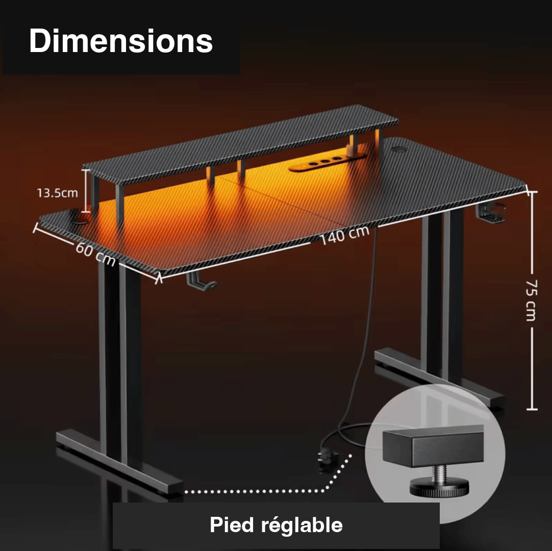 Schéma dimensions bureau gamer 140 x 60 x 75 cm avec pied réglable