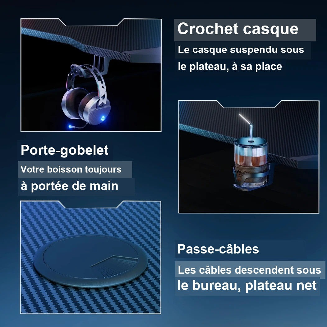 Crochet casque, porte-gobelet et passe-câbles du bureau gamer