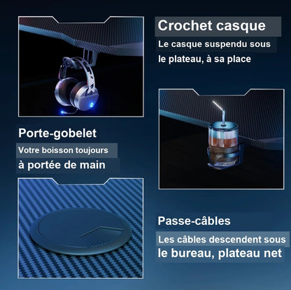 Crochet casque, porte-gobelet et passe-câbles du bureau gamer
