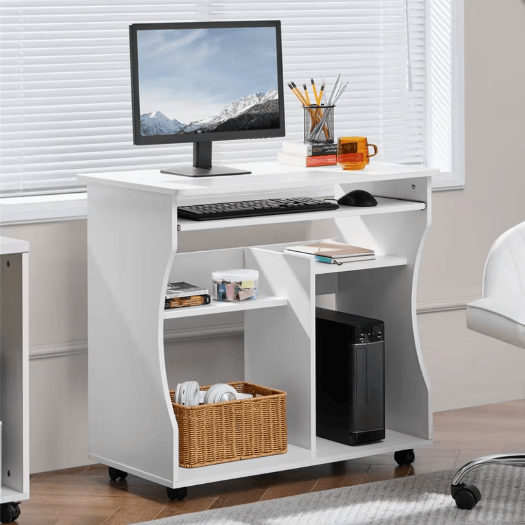 Bureau informatique compact blanc avec tablette clavier coulissante et roulettes