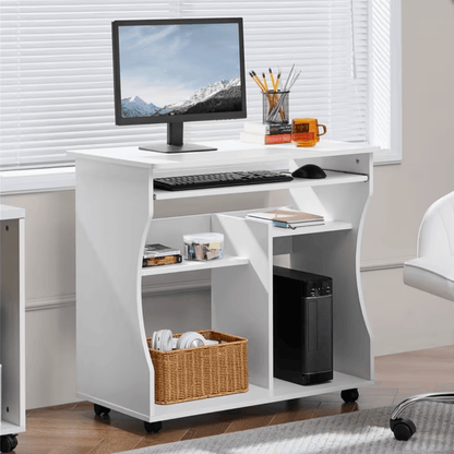 Bureau informatique compact blanc avec tablette clavier coulissante et roulettes
